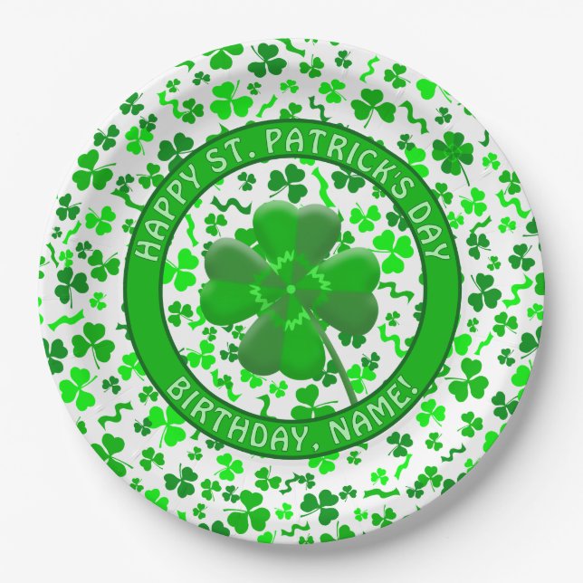 St Patrick's Day Birthday Shamrocks Personalized Paper Plates (Front)