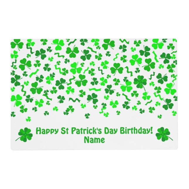  St Patrick's Day Birthday Shamrocks Personalized Placemat (Front)