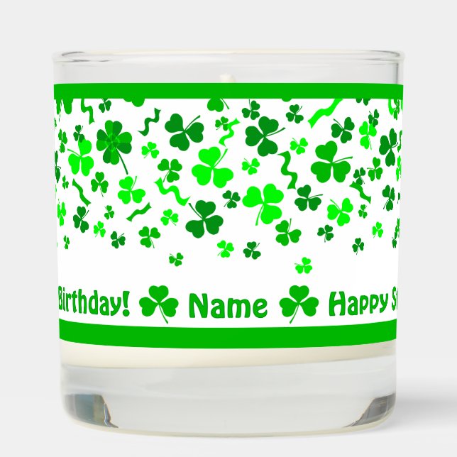 St Patrick's Day Birthday Shamrocks Personalized Scented Candle (Right)
