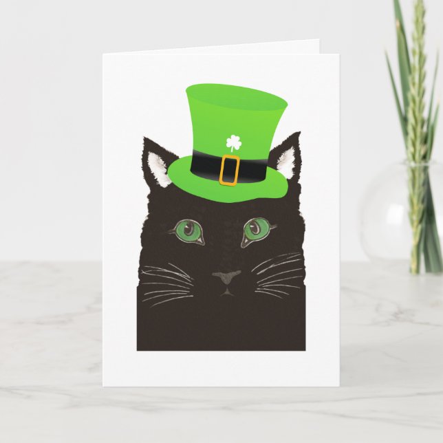 St. Patrick's Day Black Cat wearing Green Hat Card (Front)