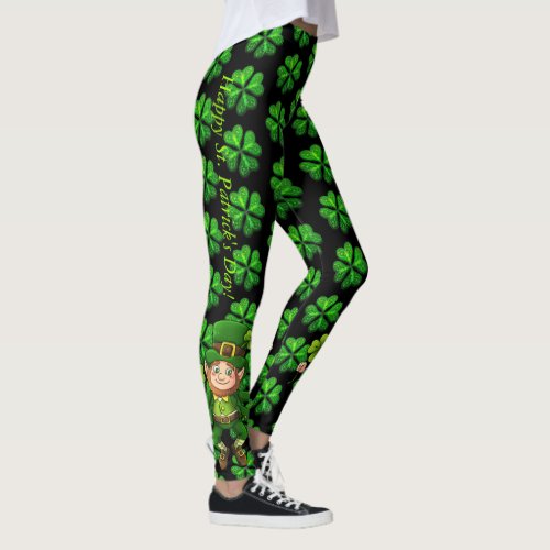 St Patricks Day Black  Green 4 Leaf Clover Leggings