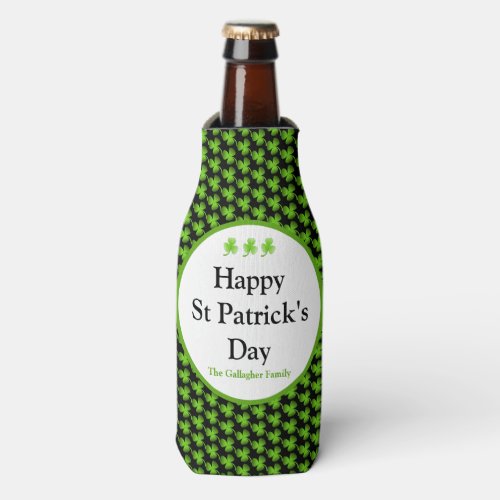 St Patricks Day Black Green Clover Personalized Bottle Cooler
