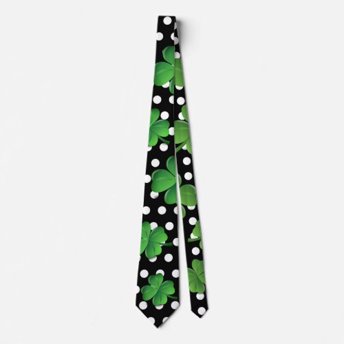 St Patricks Day Black Green Shamrock White Dots Neck Tie