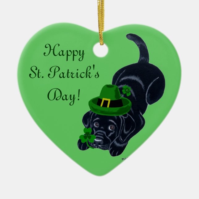 St. Patrick's Day Black Labrador Puppy Ceramic Ornament (Front)