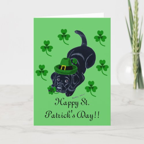 St Patricks Day Black Labrador Puppy in Green Card