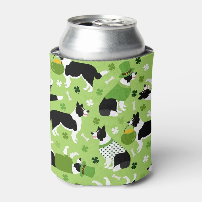 St. Patrick's Day Border Collie Pattern Can Cooler (Can Front)