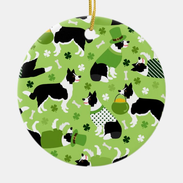 St. Patrick's Day Border Collie Pattern Ceramic Ornament (Front)