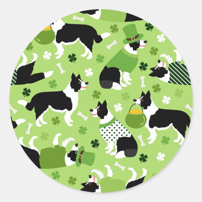 St. Patrick's Day Border Collie Pattern Classic Round Sticker (Front)