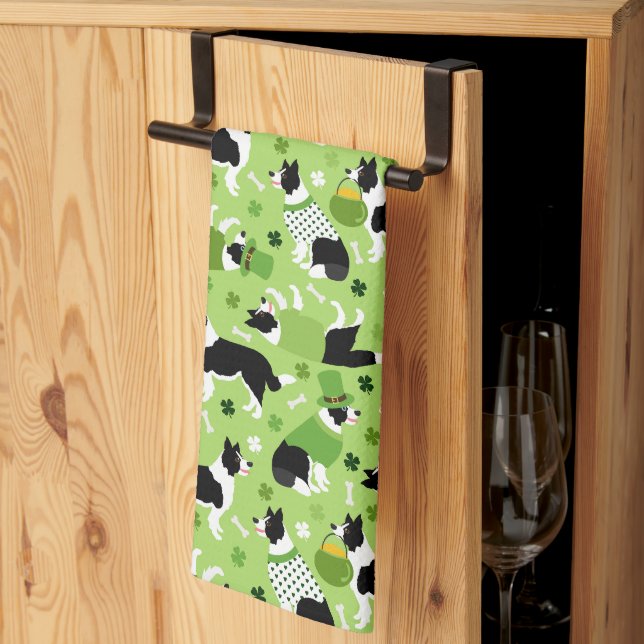 St. Patrick's Day Border Collie Pattern Kitchen Towel (Thirds Fold)