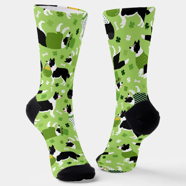 St. Patrick's Day Border Collie Pattern Socks (Angled)