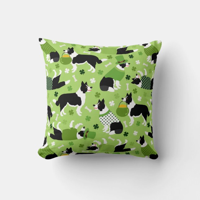 St. Patrick's Day Border Collie Pattern Throw Pillow (Front)