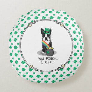 St. Patrick's Day Boston Terrier (black) Cute Dog Round Pillow