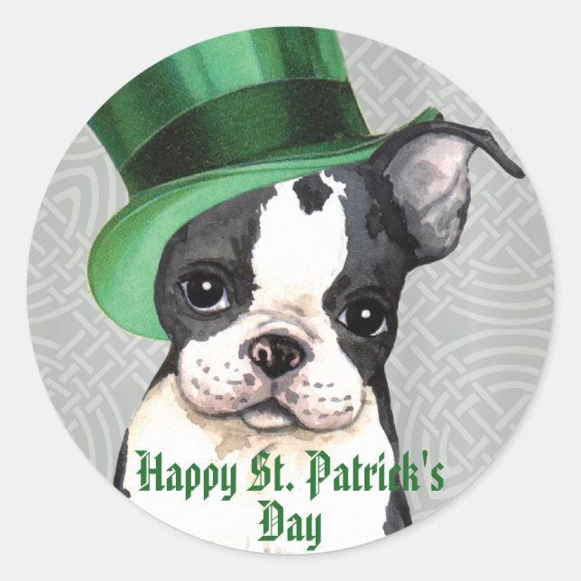 St. Patrick's Day Boston Terrier Classic Round Sticker (Front)