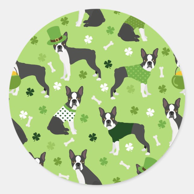 St. Patrick's Day Boston Terrier Classic Round Sticker (Front)