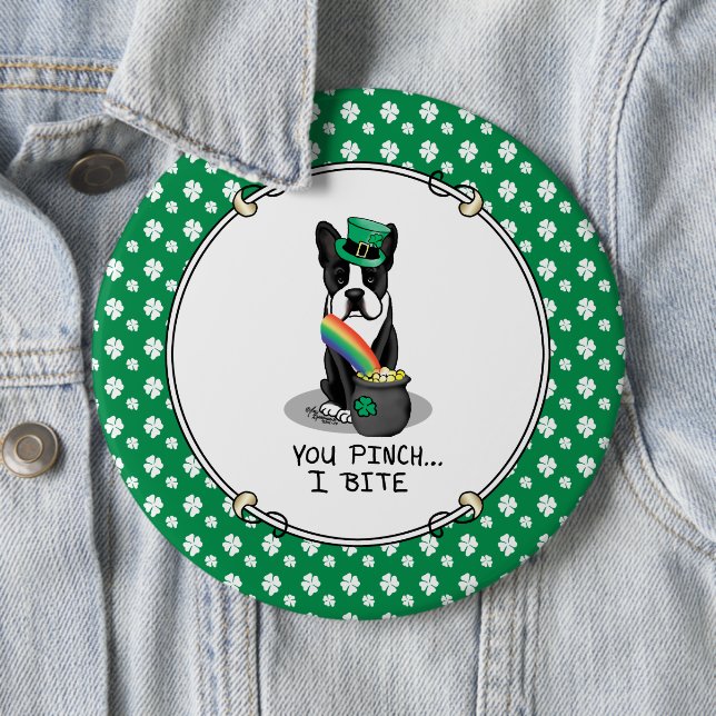 St. Patrick's Day Boston Terrier Dog (black) Cute Button (In Situ)