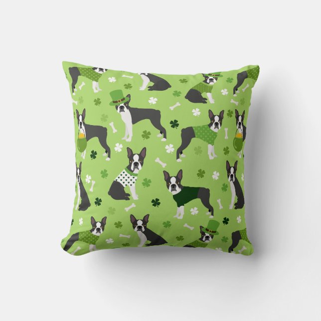 St. Patrick's Day Boston Terrier Throw Pillow (Front)