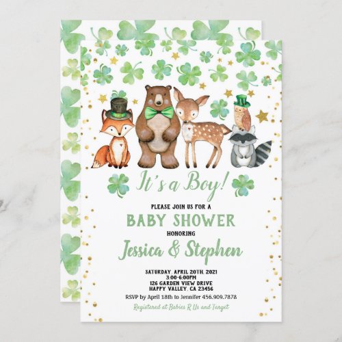 St Patricks Day Boy Baby Shower Shamrock Animals Invitation