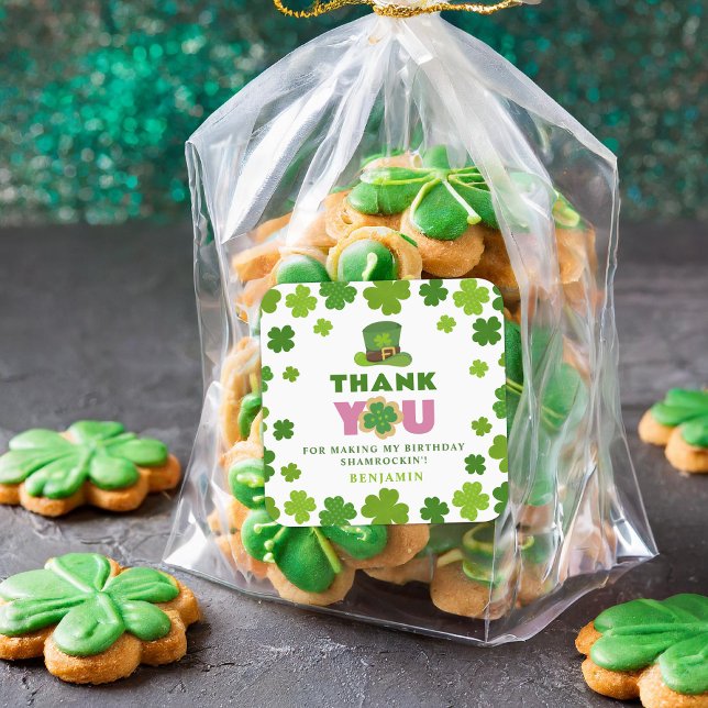 St. Patrick's Day Boy Birthday Clover Thank You Square Sticker (Creator Uploaded)