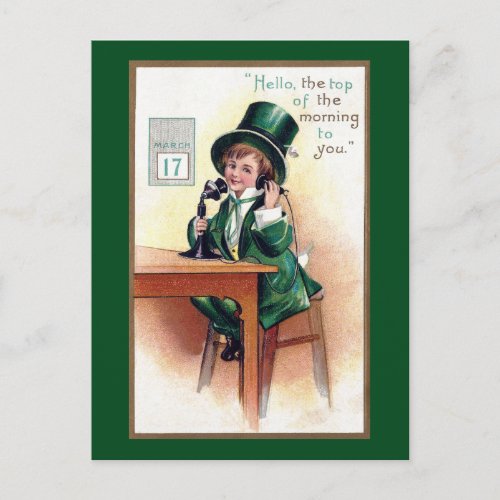 St Patricks Day Boy on Antique Phone Postcard