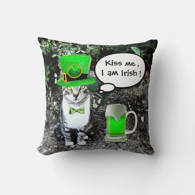 ST PATRICK'S DAY CAT AND GREEN IRISH BEER THROW PILLOW (Front)