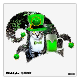 ST PATRICK'S  DAY CAT,GREEN IRISH BEER AND ELF HAT WALL STICKER