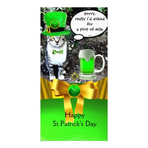 ST PATRICKS DAY CATGREEN IRISH BEER GOLD BOW CARD