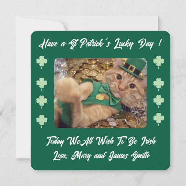 St Patrick's Day Cat Shamrock Flat Holiday Card (Front)