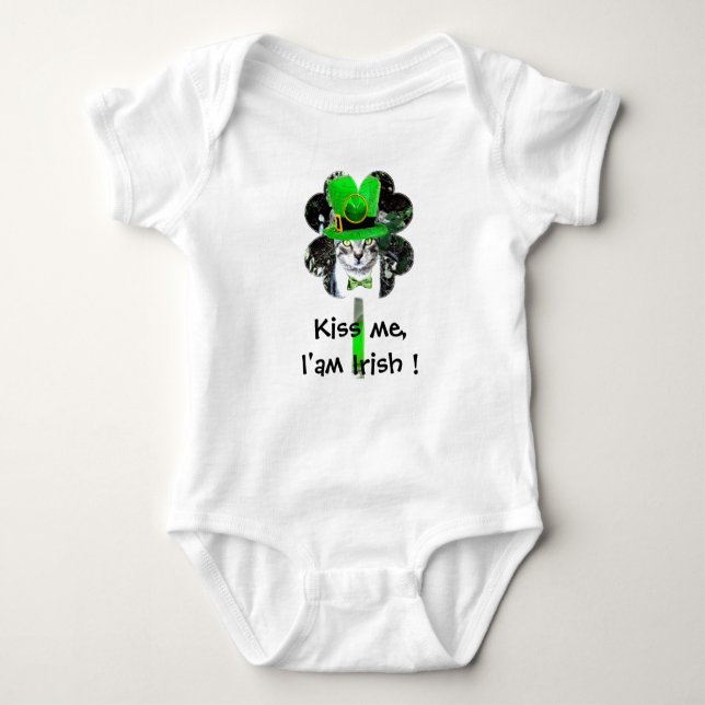 ST PATRICK'S DAY CAT WITH GREEN CLOVER BABY BODYSUIT (Front)