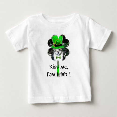 ST PATRICKS DAY CAT WITH GREEN CLOVER BABY T_Shirt