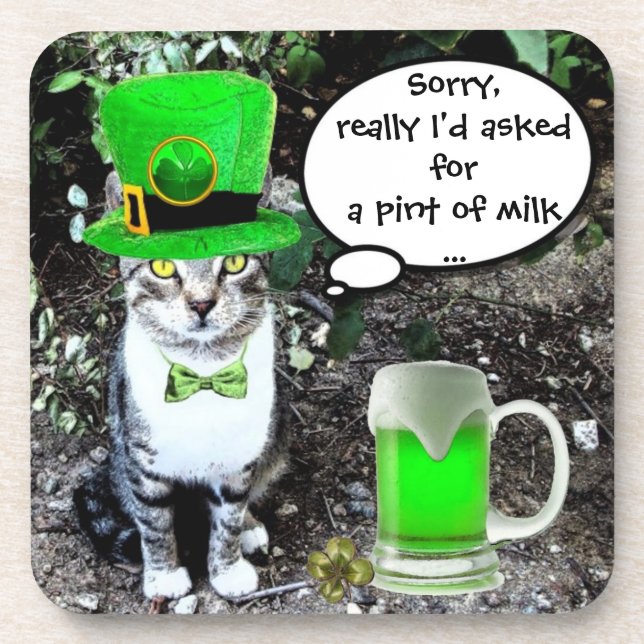 ST PATRICK'S  DAY CAT  WITH GREEN IRISH BEER BEVERAGE COASTER (Front)