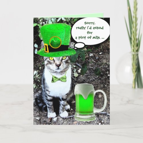 ST PATRICKS  DAY CAT  WITH GREEN IRISH BEER CARD