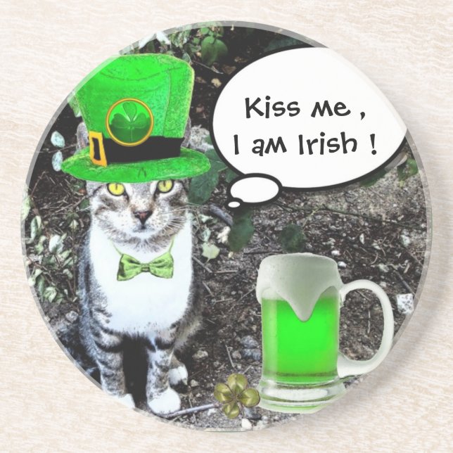 ST PATRICK'S  DAY CAT  WITH GREEN IRISH BEER DRINK COASTER (Front)