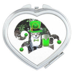 ST PATRICK&#39;S DAY CAT WITH GREEN IRISH BEER,ELF HAT COMPACT MIRROR