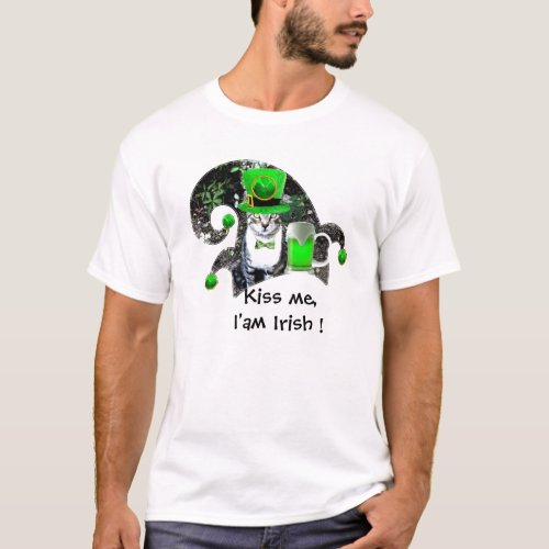 ST PATRICKS DAY CAT WITH GREEN IRISH BEERELF HAT T_Shirt