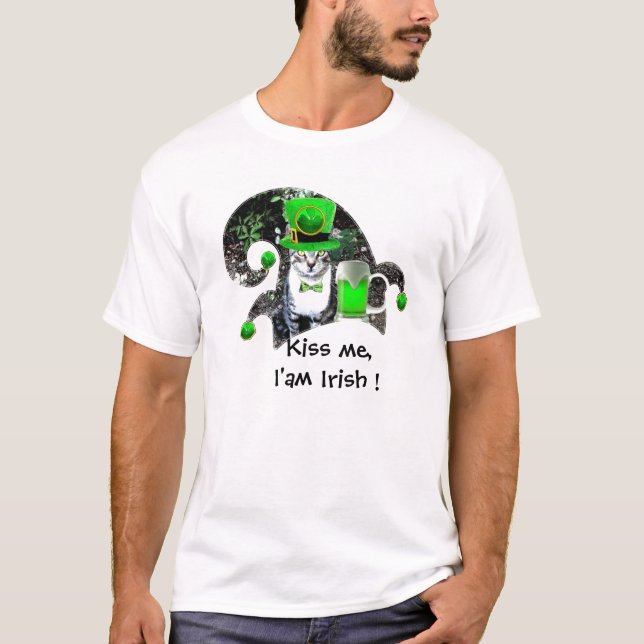 ST PATRICK'S DAY CAT WITH GREEN IRISH BEER,ELF HAT T-Shirt (Front)