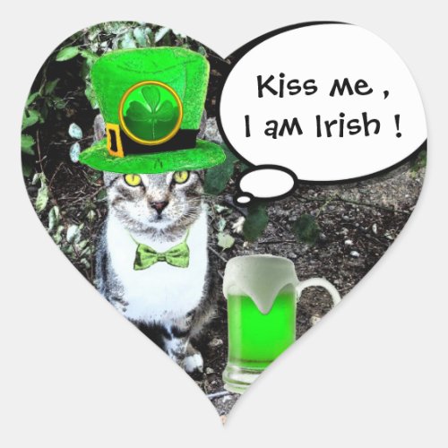 ST PATRICKS  DAY CAT  WITH GREEN IRISH BEER Heart Heart Sticker