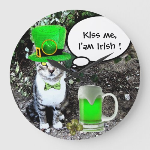 ST PATRICKS DAY CAT WITH GREEN IRISH BEER LARGE CLOCK