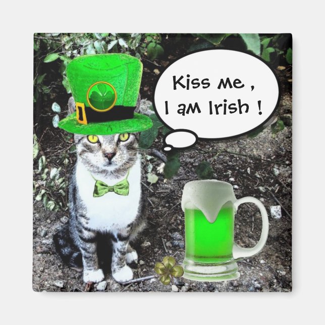 ST PATRICK'S  DAY CAT  WITH GREEN IRISH BEER MAGNET (Front)