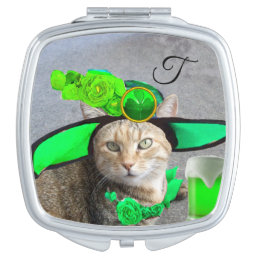 ST PATRICK&#39;S  DAY CAT  WITH GREEN IRISH BEER MAKEUP MIRROR