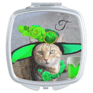 ST PATRICK'S  DAY CAT  WITH GREEN IRISH BEER MAKEUP MIRROR
