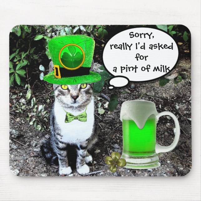 ST PATRICK'S  DAY CAT  WITH GREEN IRISH BEER MOUSE PAD (Front)