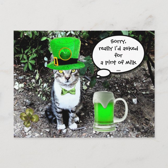 ST PATRICK'S DAY CAT WITH GREEN IRISH BEER POSTCARD (Front)
