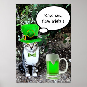 ST PATRICK'S  DAY CAT  WITH GREEN IRISH BEER POSTER