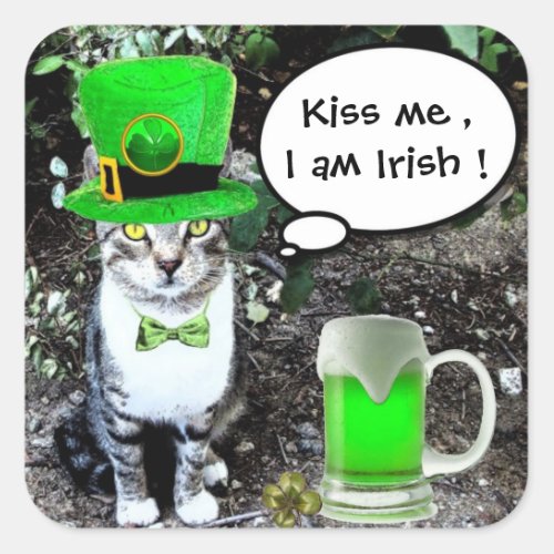 ST PATRICKS  DAY CAT  WITH GREEN IRISH BEER SQUARE STICKER