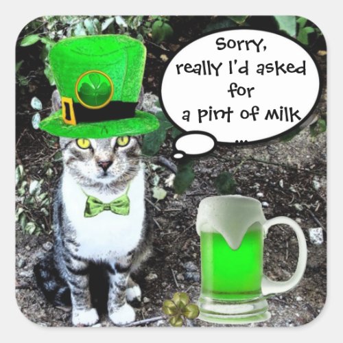 ST PATRICKS  DAY CAT  WITH GREEN IRISH BEER SQUARE STICKER