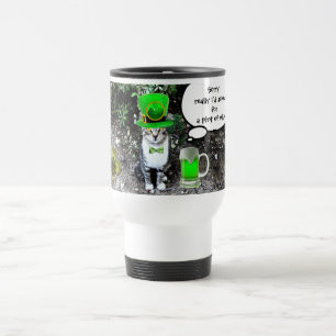 ST PATRICK'S  DAY CAT  WITH GREEN IRISH BEER TRAVEL MUG