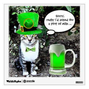 ST PATRICK'S  DAY CAT  WITH GREEN IRISH BEER WALL DECAL
