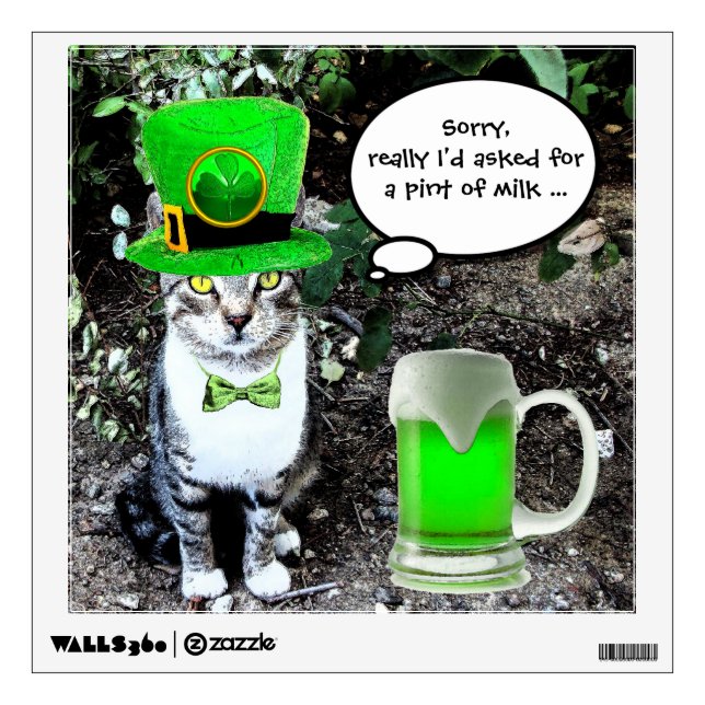 ST PATRICK'S  DAY CAT  WITH GREEN IRISH BEER WALL DECAL (Front)