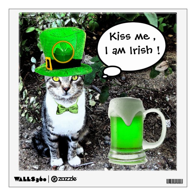 ST PATRICK'S  DAY CAT  WITH GREEN IRISH BEER WALL STICKER (Front)