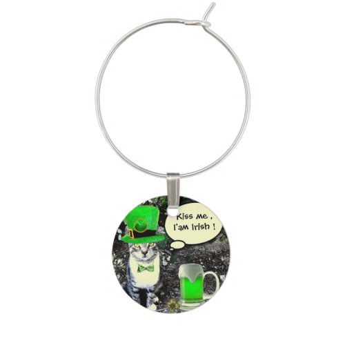 ST PATRICKS  DAY CAT  WITH GREEN IRISH BEER WINE GLASS CHARM